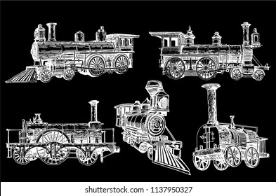 Graphical set of locomotives isolated on black background,vector train ,engraved illustration