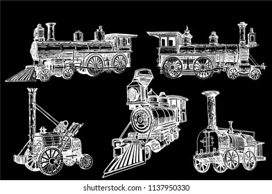 Graphical set of locomotives isolated on black background,vector train ,engraved illustration