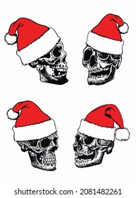 Graphical set of Mayan skulls in Santa Claus red hat , long skull of ancient tribe, vector christmas illustration.