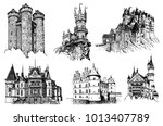 Graphical set of medieval castles isolated on white background, castles of Germany, Crimea, France