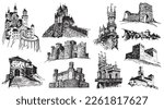 Graphical set of medieval castles isolated on white background,vector illustration