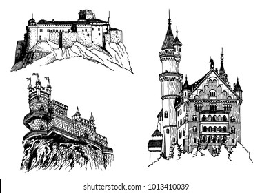 graphical set of medieval castles isolated on white background, castles of germany, crimea, italy