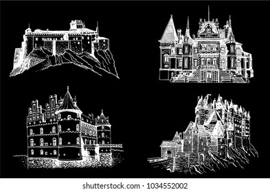 graphical set of medieval castles isolated on black background, castles of Germany, Crimea, Italy and France