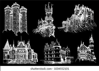 Graphical set of  medieval castles isolated on black background, castles of Germany, Crimea, France