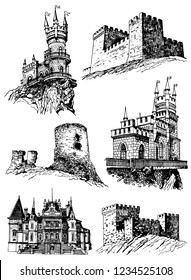 Graphical set of medieval castles isolated on white background,vector Crimean architecture ,fortress