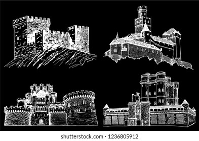 Graphical set of medieval castles isolated on black background,medieval architecture,vector