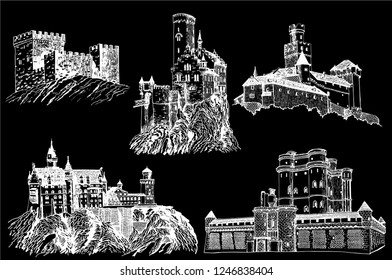 Graphical set of medieval castles isolated on black background,medieval architecture,vector