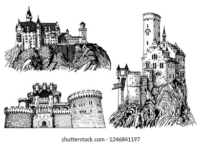 Graphical set of medieval castles isolated on white background,medieval architecture,vector