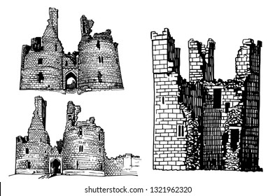 Graphical set of medieval castles isolated on white background,vector sketch,illustration