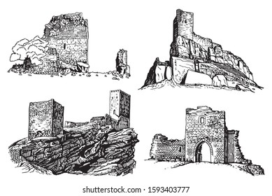 Graphical set of medieval castles isolated on white background,vector illustration, architecture