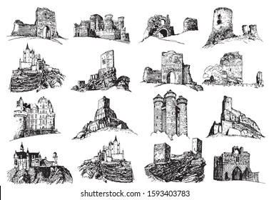 Graphical set of medieval castles isolated on white background,vector illustration, architecture