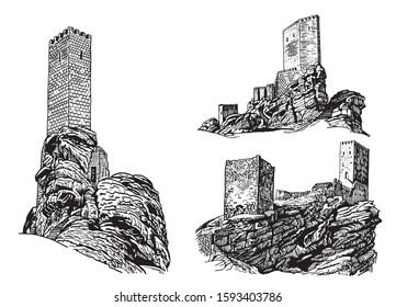 Graphical set of medieval castles isolated on white background,vector illustration, architecture