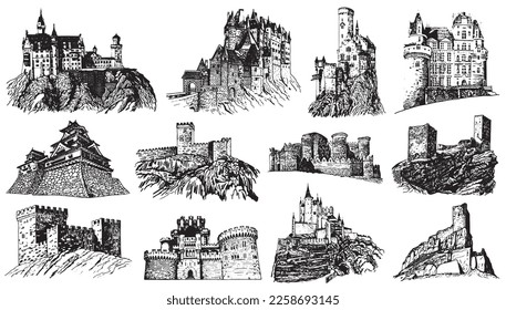 Graphical set of medieval castles isolated on white background,vector illustration