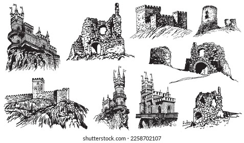 Graphical set of medieval castles isolated on white background,vector illustration