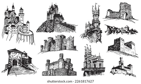 Graphical set of medieval castles isolated on white background,vector illustration