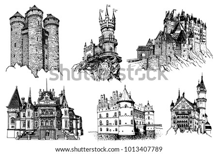 Graphical set of medieval castles isolated on white background, castles of Germany, Crimea, France