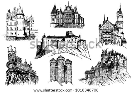 Graphical set of  medieval castles isolated on white background, castles of Germany, Crimea, France