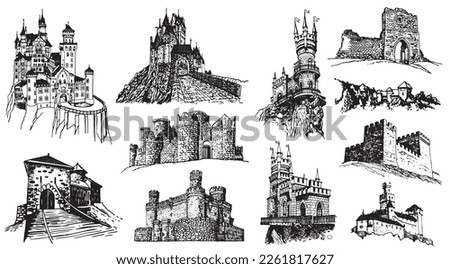 Graphical set of medieval castles isolated on white background,vector illustration
