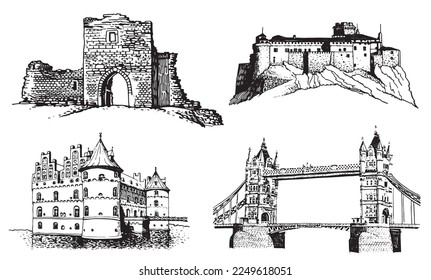 Graphical set of medieval catles isolated on white, vector illustration.Architecture
