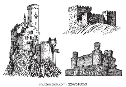 Graphical set of medieval catles isolated on white, vector illustration.Architecture