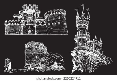 Graphical set of medieval catles isolated on black, vector engraved illustration.Architecture