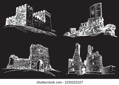 Graphical set of medieval catles isolated on black, vector engraved illustration.Architecture