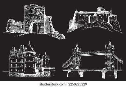 Graphical set of medieval catles isolated on black, vector engraved illustration.Architecture