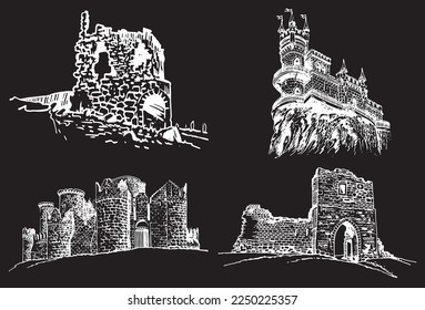 Graphical set of medieval catles isolated on black, vector engraved illustration.Architecture