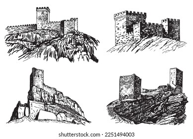 Graphical set of medieval catles isolated on white, vector illustration.Architecture
