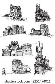 Conjunto gráfico de cuencas medievales aisladas en blanco, ilustración vectorial.Arquitectura