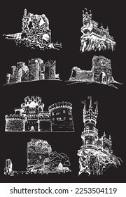 Graphical set of medieval catles isolated on black, vector engraved illustration.Architecture