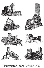 Graphical set of medieval catles isolated on white, vector illustration.Architecture