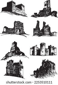 Conjunto gráfico de cuencas medievales aisladas en blanco, ilustración vectorial.Arquitectura