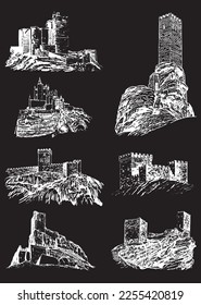 Graphical set of medieval catles isolated on black, vector illustration.Architecture