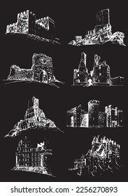 Graphical set of medieval catles isolated on black, vector illustration.Architecture