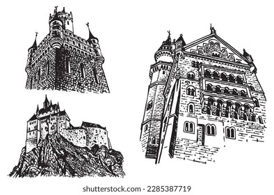 Graphical set of medieval Germany castles isolated on white background, museums . Architecture