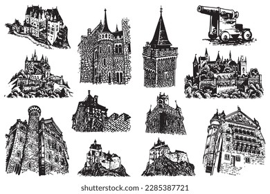 Conjunto gráfico de castillos medievales de Alemania aislados en fondo blanco, museos. Arquitectura