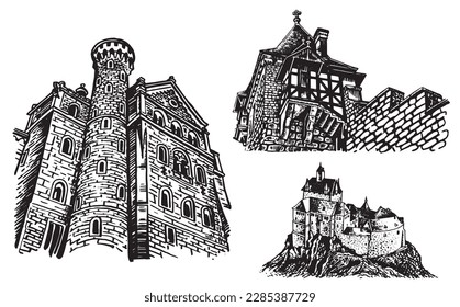 Graphical set of medieval Germany castles isolated on white background, museums . Architecture