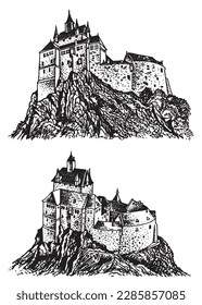 Graphical set of medieval Germany castles isolated on white background, museums . Architecture