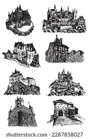 Graphical set of medieval Germany castles isolated on white background, museums . Architecture