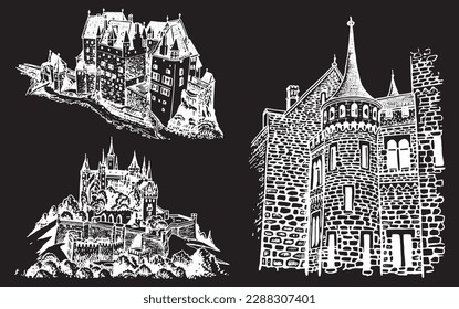 Graphical set of medieval Germany castles isolated on black background, museums . Architecture