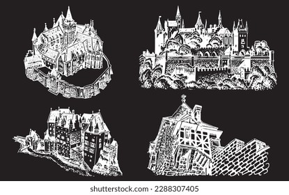 Graphical set of medieval Germany castles isolated on black background, museums . Architecture