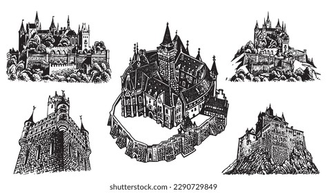Graphical set of medieval Germany castles isolated on white background, museums . Architecture