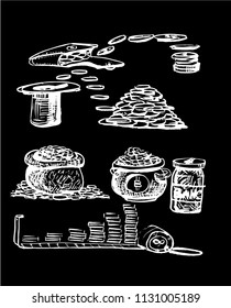 Graphical set of money icons isolated on black background,vector bitcoin ,business