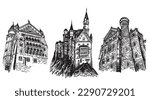 Graphical set of Neuschwanstein Castles isolated on white, architecture of Germany