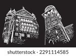 Graphical set of Neuschwanstein Castles isolated on black, architecture of Germany