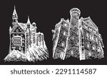Graphical set of Neuschwanstein Castles isolated on black, architecture of Germany