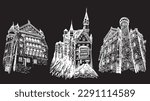 Graphical set of Neuschwanstein Castles isolated on black, architecture of Germany