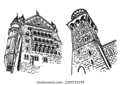 Conjunto gráfico de Castillos Neuschwanstein aislados en blanco, arquitectura de Alemania