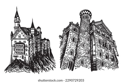 Graphical set of Neuschwanstein Castles isolated on white, architecture of Germany